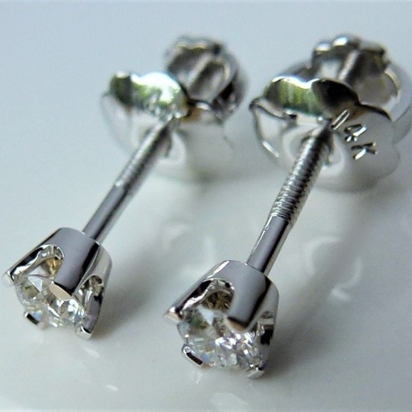 Tiny Genuine Diamond Earrings In Solid 14 K - Picture 5 of 7